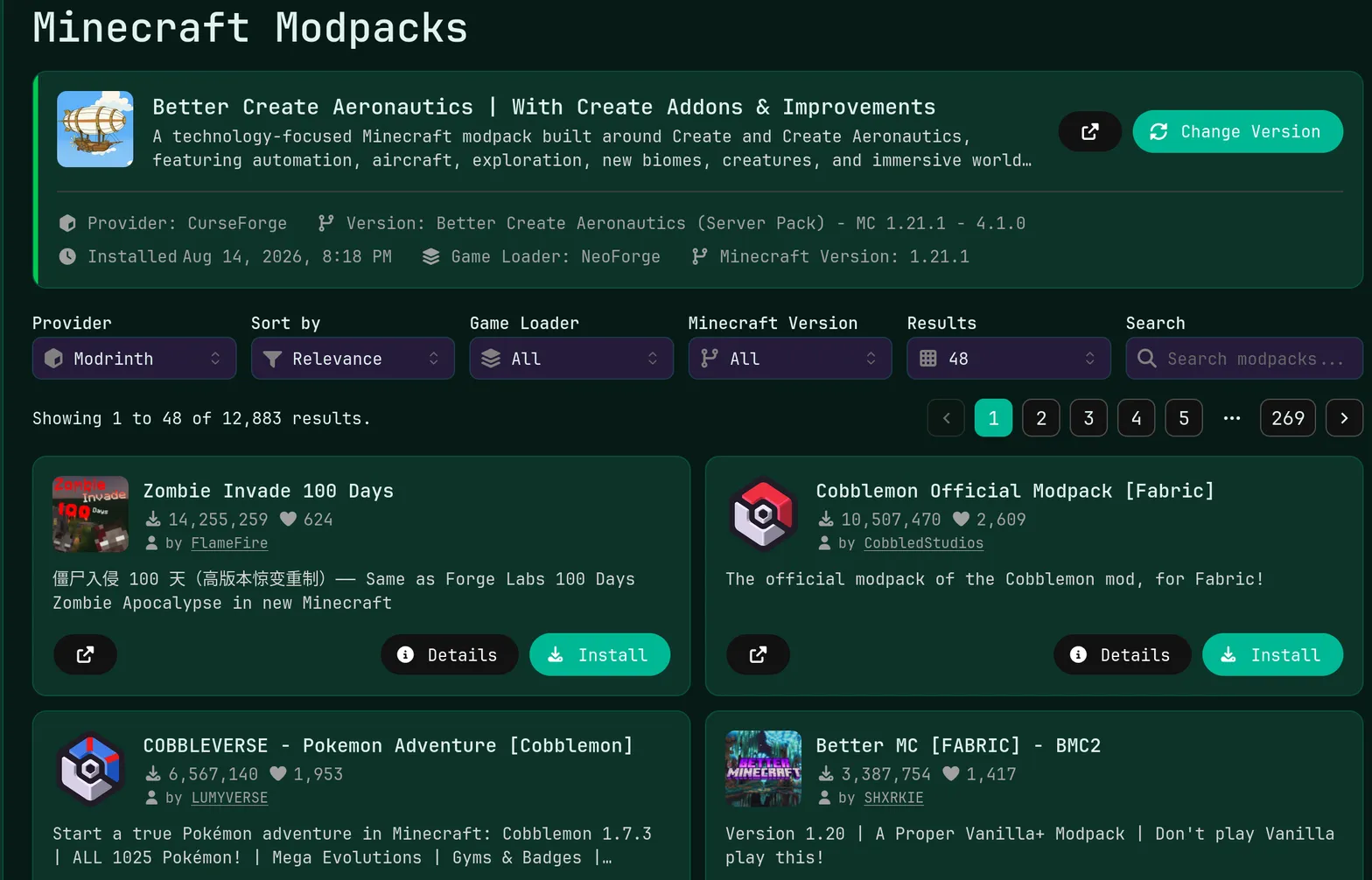 FSH panel: one-click modpacks